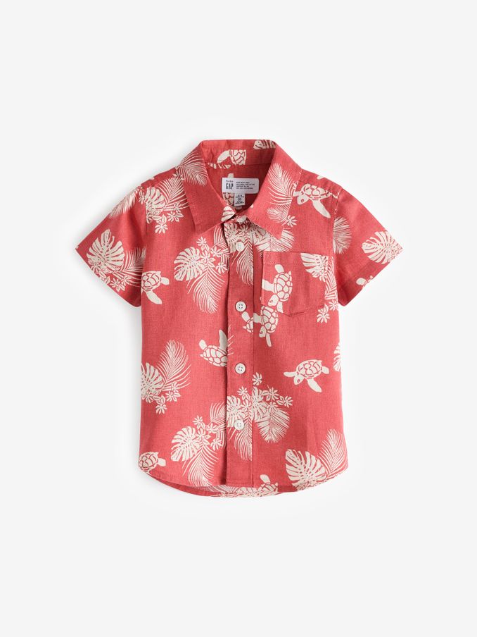 Red Linen-Cotton Print Short Sleeve Baby Shirt (Newborn-5yrs) (B35011) | £12