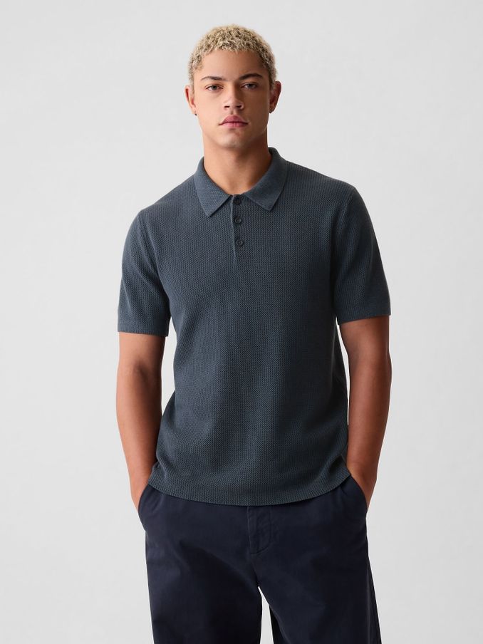 Blue Cotton Textured Short Sleeve Polo Shirt (B35676) | £24