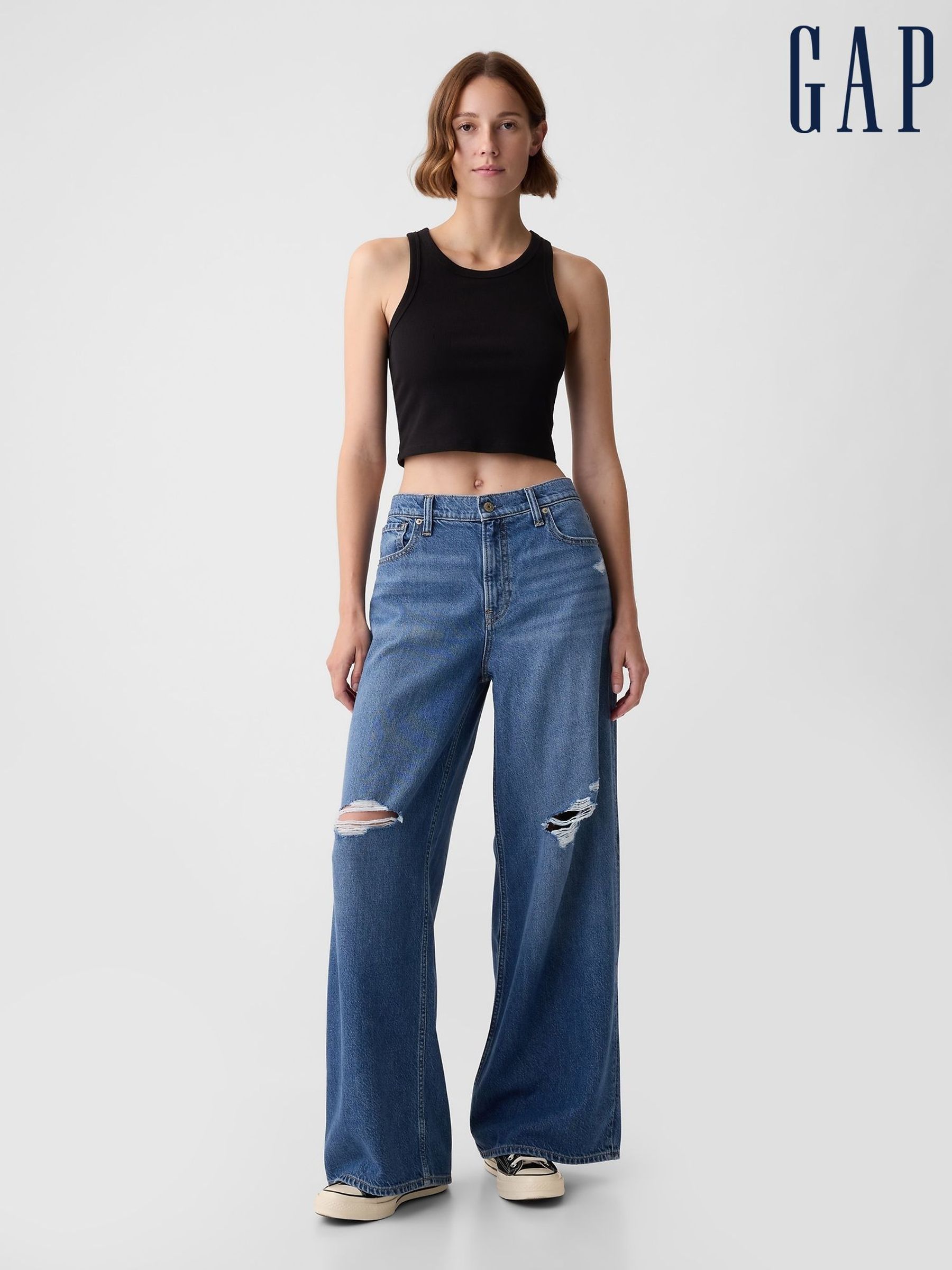 Blue Distressed Knee Mid Rise Soft Baggy Jeans (B36360) | £55