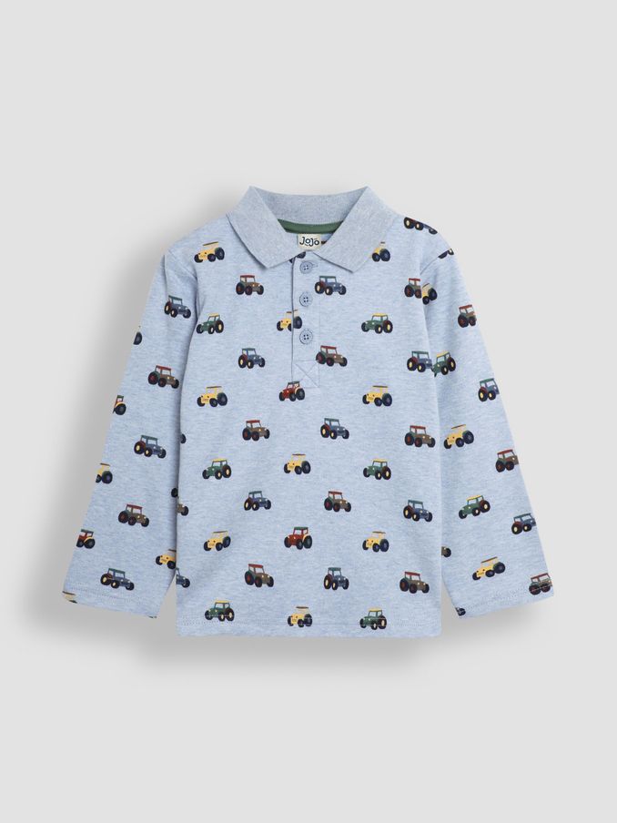 Blue Tractor Long Sleeve Print Polo Shirt (B37042) | £9