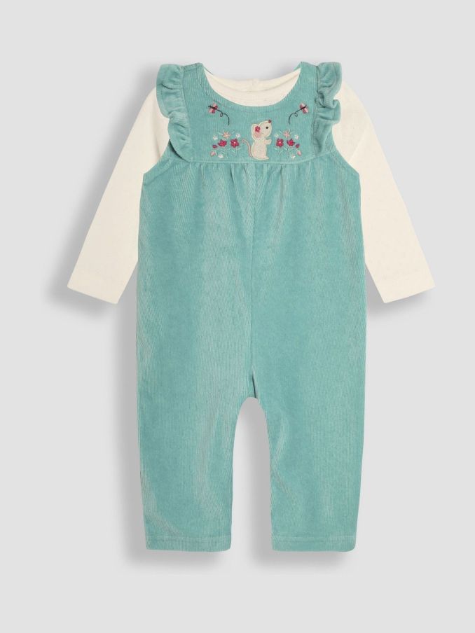 Duck Egg Mouse Appliqué Velour Dungarees and Top Set (B37989) | £28