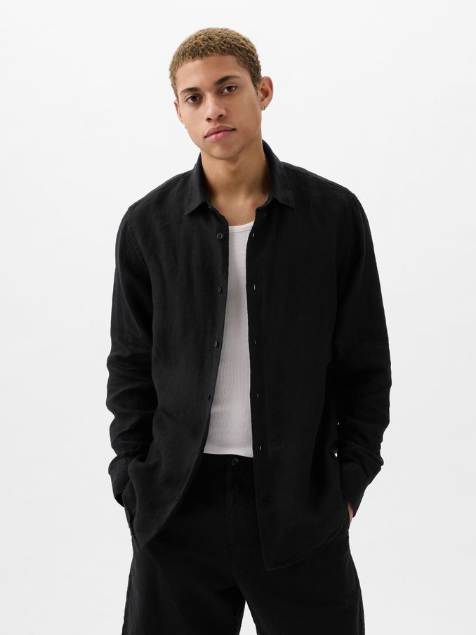 Black 100% Linen Long Sleeve Shirt (B39049) | £30