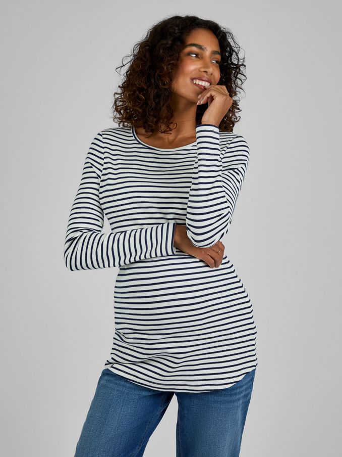 Ecru Cream & Black Stripe Ribbed Jersey Maternity & Nursing Top (B39929) | £14