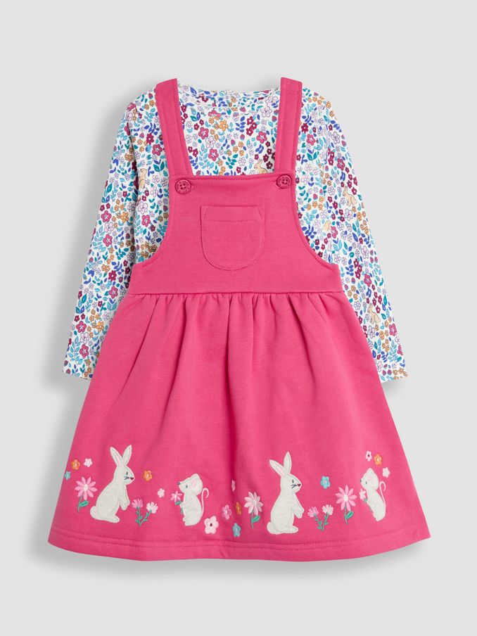 Raspberry Pink Bunny Appliqué Pinafore Dress & Top Set (B40940) | £10