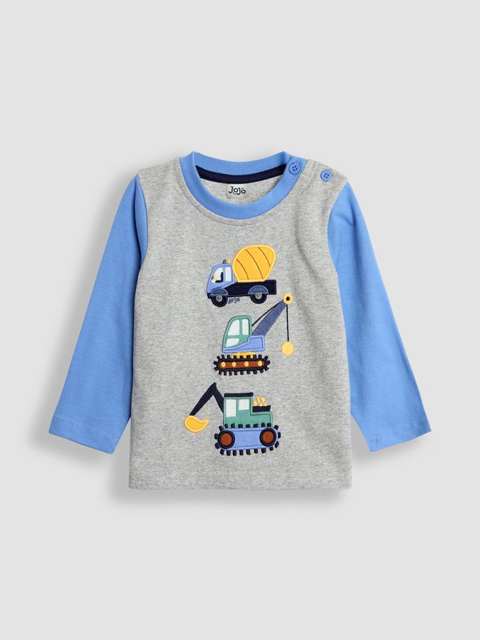 Grey Marl Construction Vehicle Appliqué Motif Top (B41325) | £9