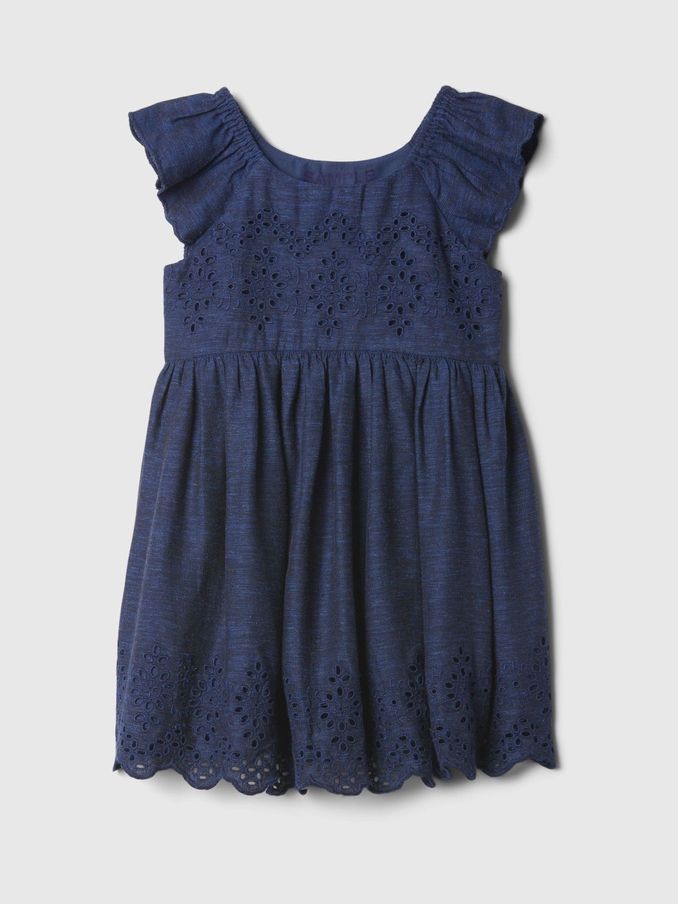Navy Blue Cotton Eyelet Flutter Sleeve Baby Dress (Newborn-5yrs) (B42824) | £15