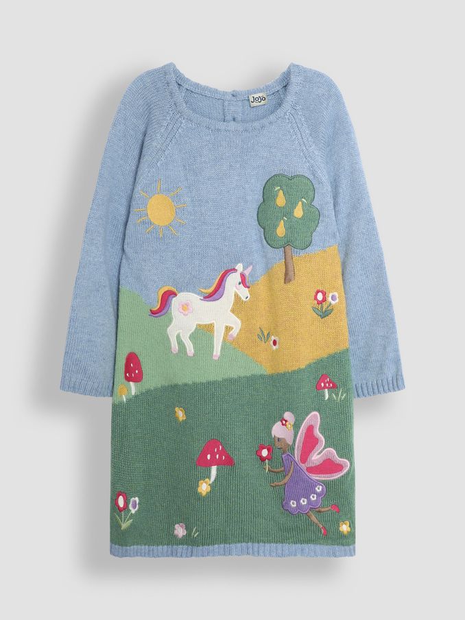 Blue Fairy & Unicorn Meadow Scene Knitted Dress (B43018) | £15