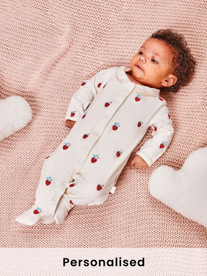 Strawberry Baby Personalised Embroidered Cotton Sleepsuit (B43241) | £27