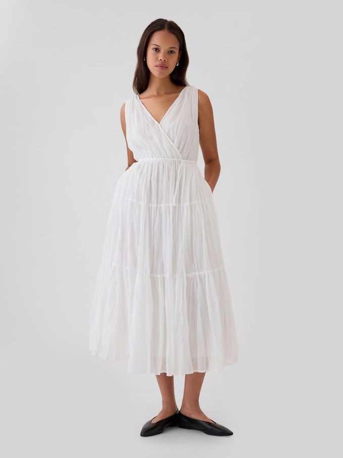 White Pleated Tiered V Neck Midi Dress (B43708) | £37