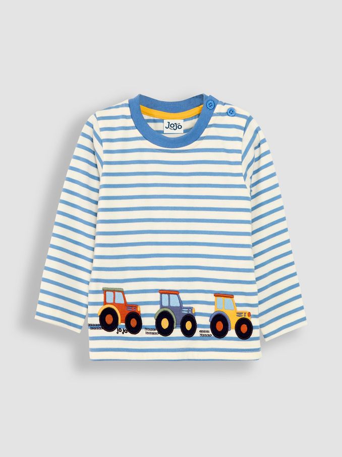 Ecru Denim Blue Stripe Tractor Appliqué Border Top (B44309) | £9