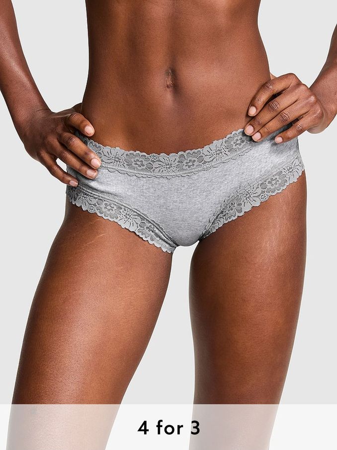 Medium Heather Grey Lace Trim Rib Cheeky Knickers (B44977) | £9
