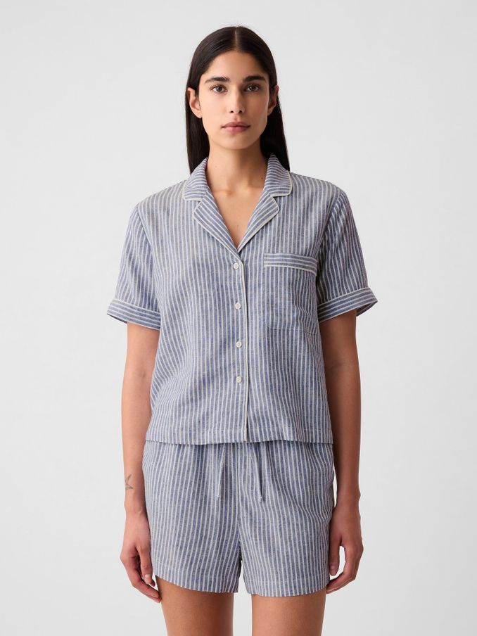 Blue & White Stripe Linen-Blend Pyjama Shirt (B45470) | £15