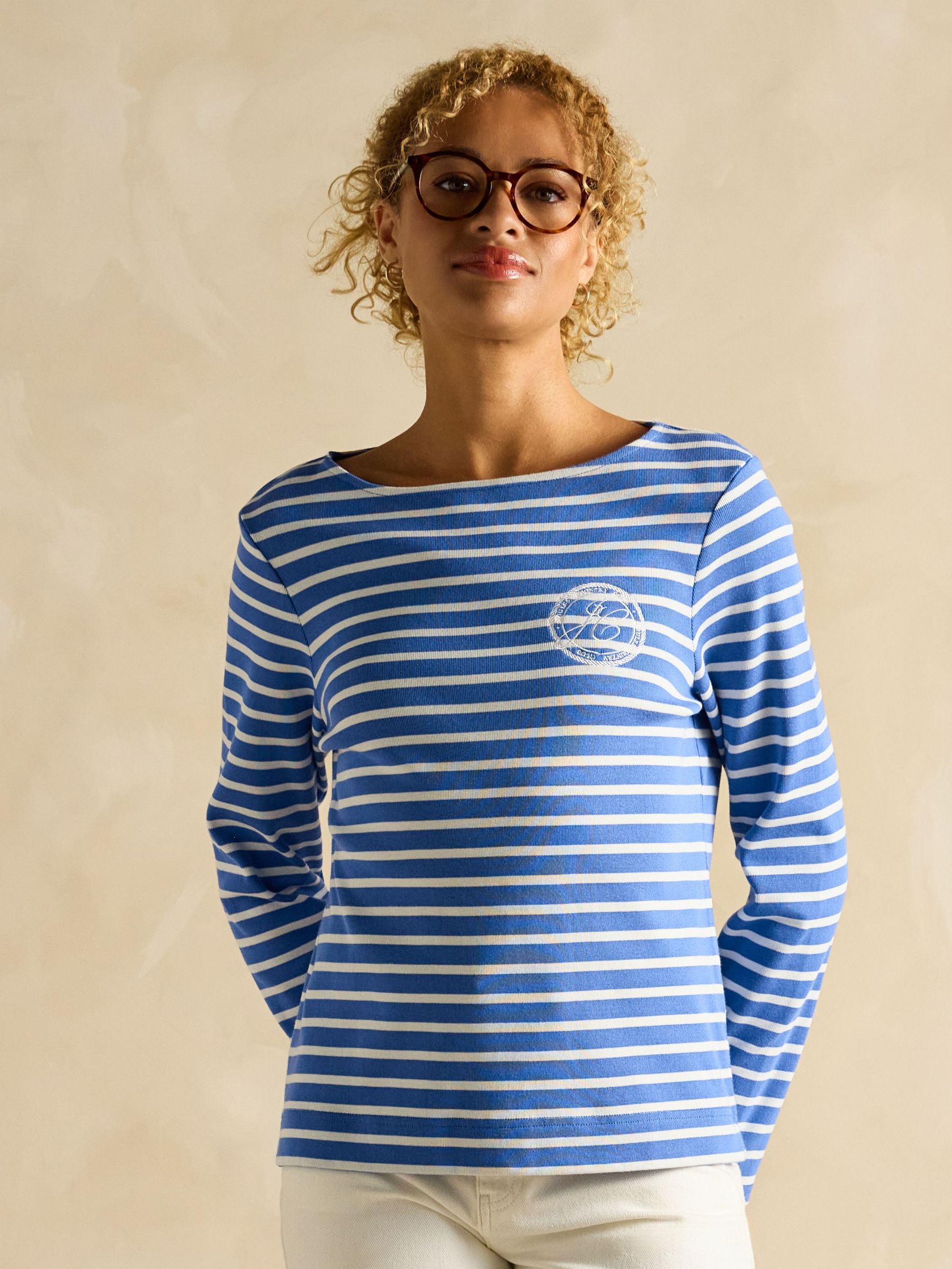Harbour Blue Stripe Embroidered Boat Neck Breton Top (B45981) | £35