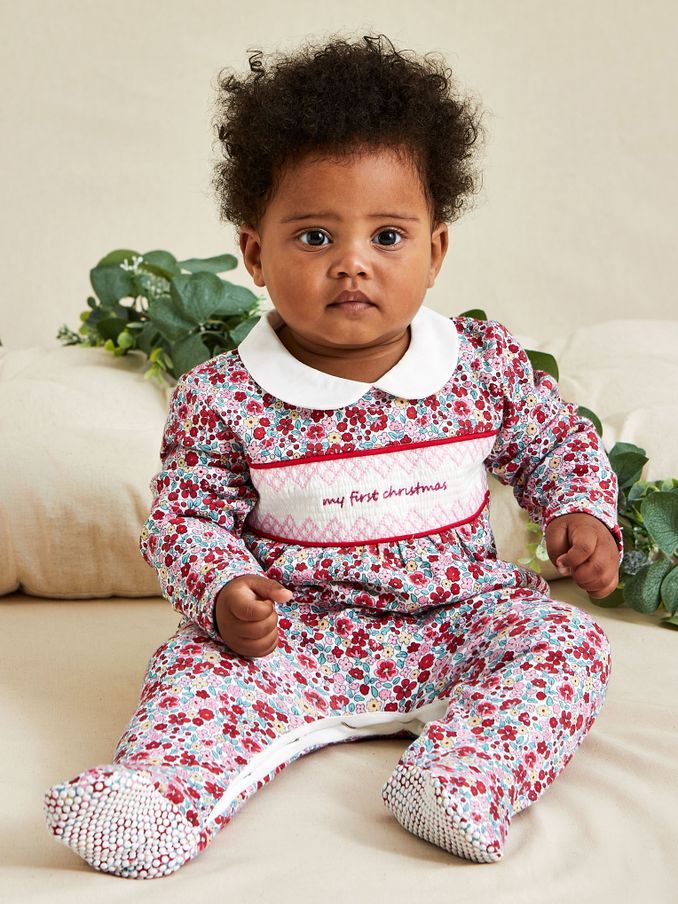 Red Floral My First Christmas Smocked Sleepsuit & Hat Set (B46538) | £12