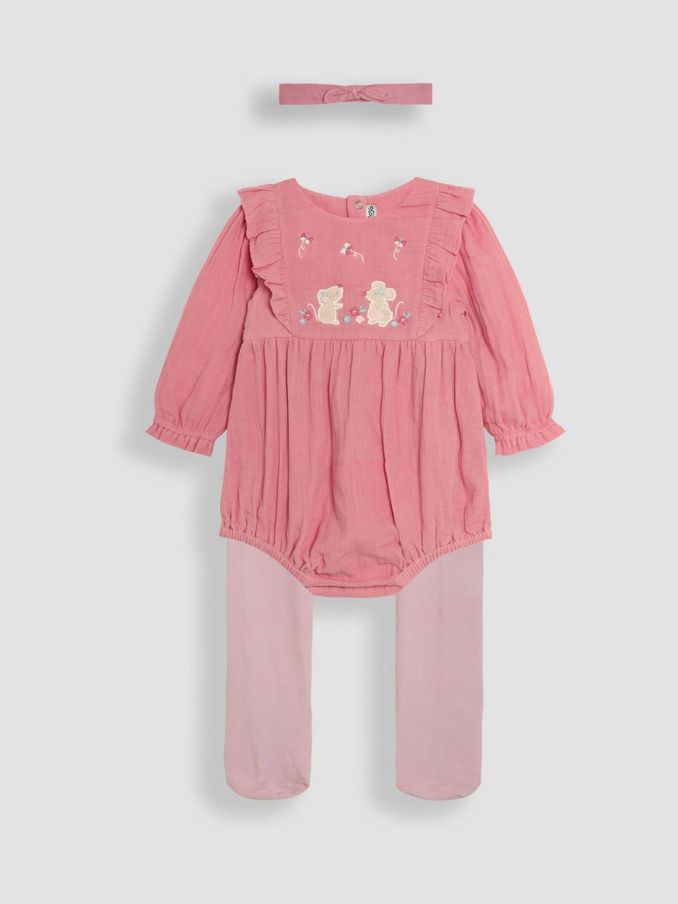 Pink Body 3 Piece Embroidered Muslin And Tights Set (B47039) | £26