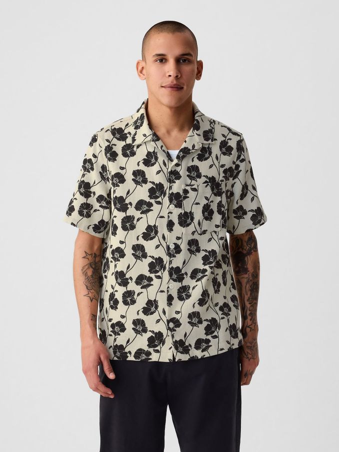 Neutral/Black Textured Resort Short Sleeve Shirt (B47107) | £21