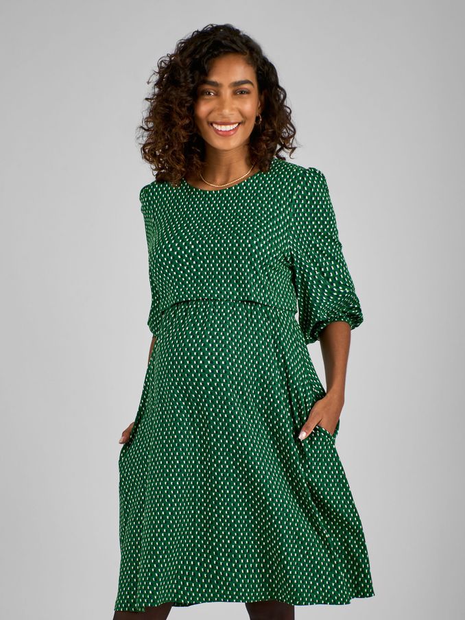 Green Geo Round Neck Double Layer Maternity & Nursing Dress (B47411) | £42.50