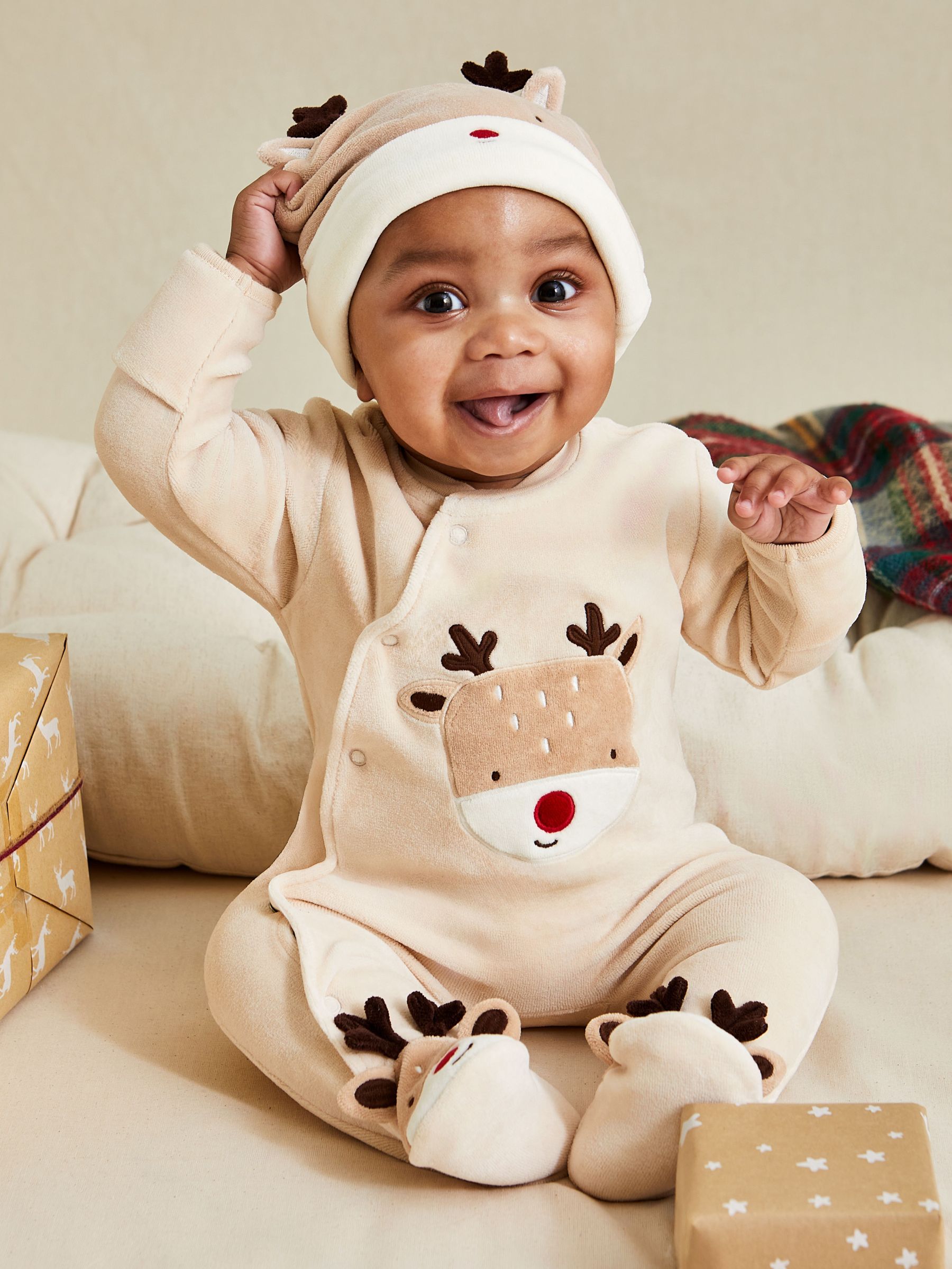Stone Cotton Christmas Zip Appliqué Sleepsuit (B47509) | £11