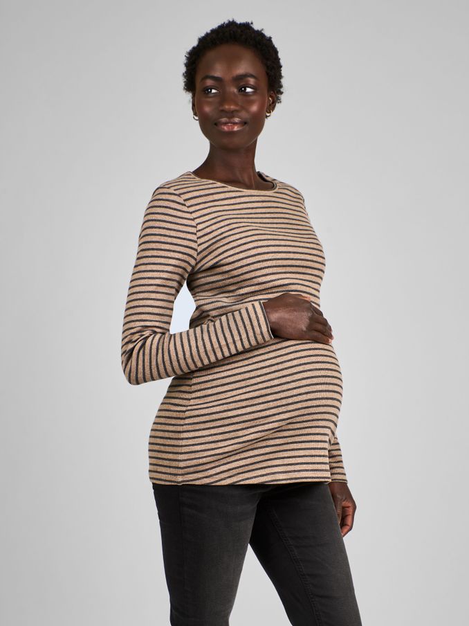 Oatmeal & Black Stripe Ribbed Jersey Maternity & Nursing Top (B48064) | £10