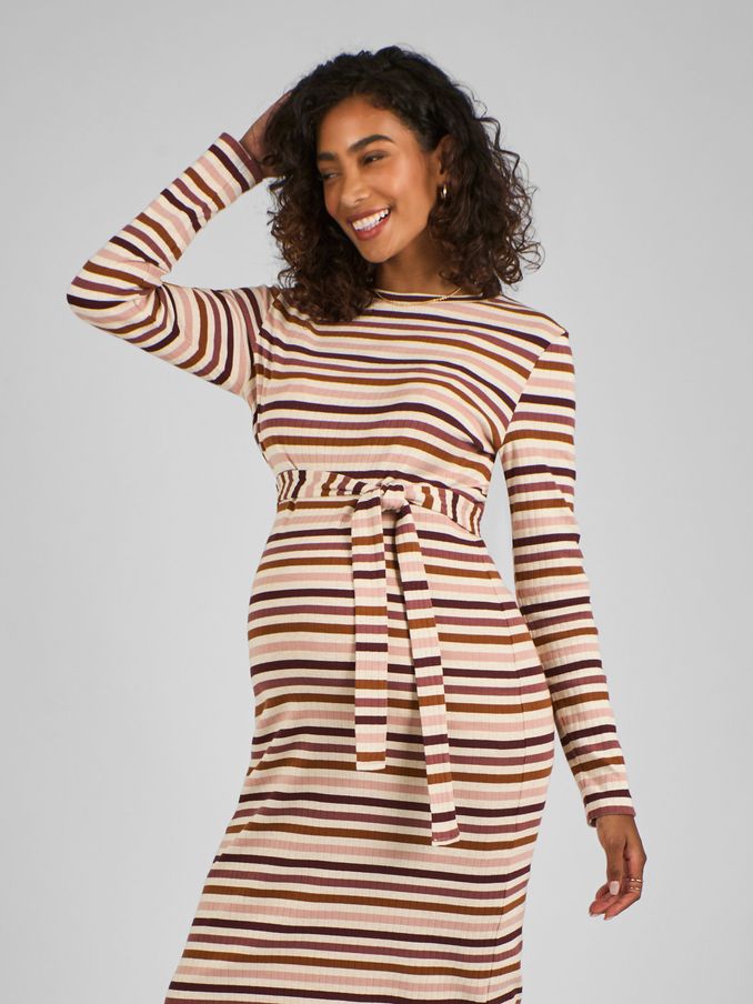 Oatmeal Stripe Ribbed Jersey Maternity Dress (B48785) | £14