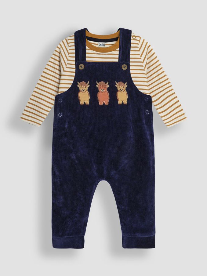 Navy Blue Highland Cow Appliqué Velour Dungarees And Top Set (B49215) | £28