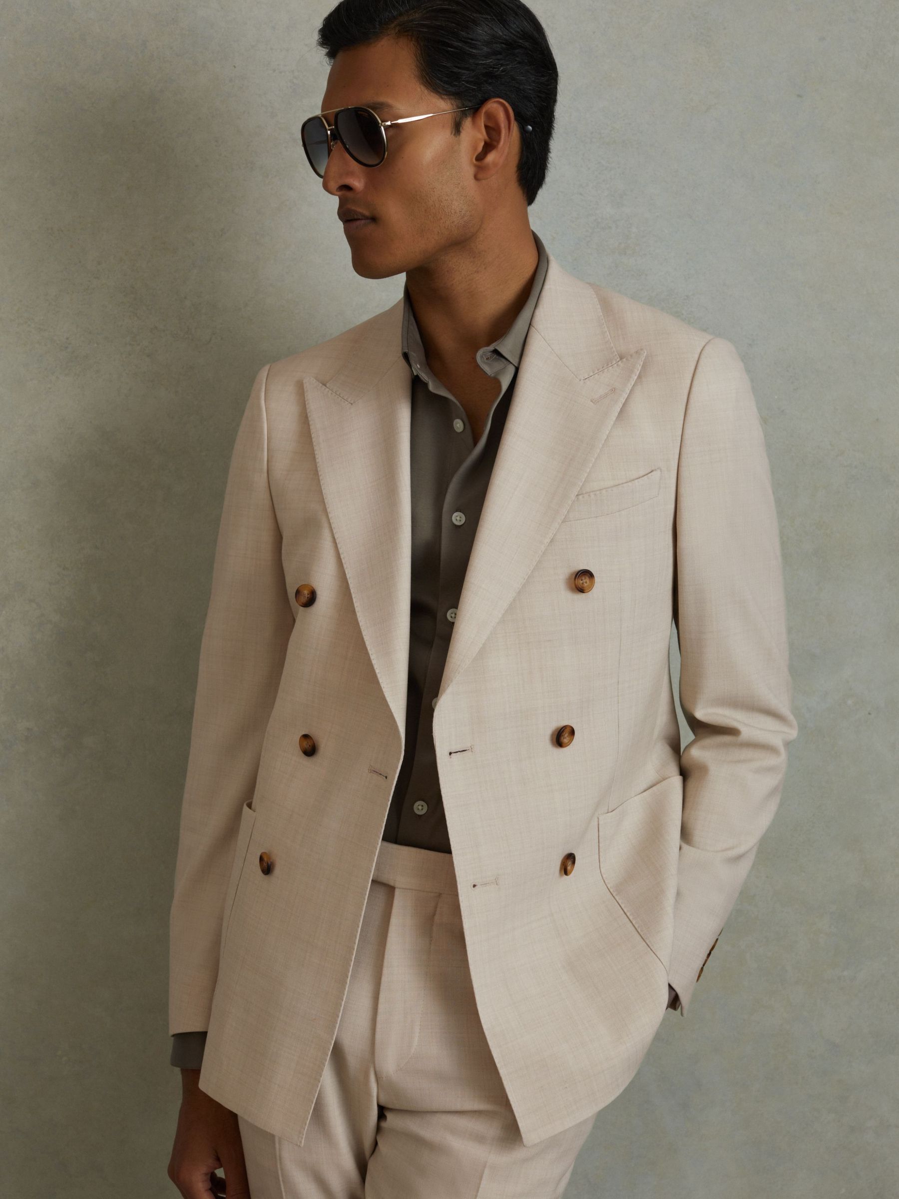 Double-Breasted Textured Blazer With Wool in Stone (B49805) | £348