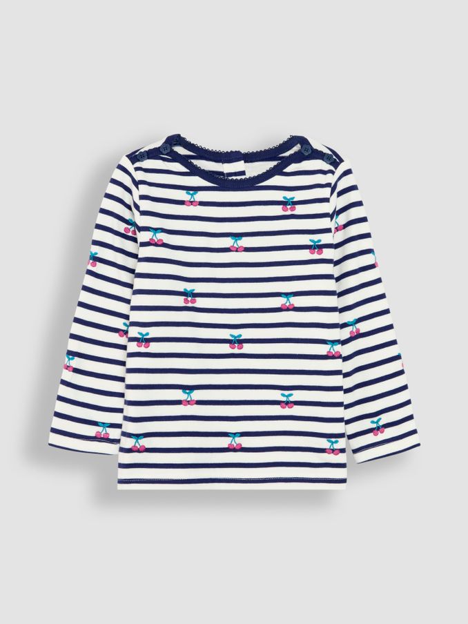 Navy Blue Cherry Button Shoulder Long Sleeve Embroidered Top (B50154) | £8