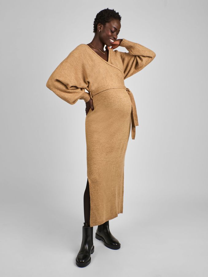 Camel Brown Knitted Blouson Sleeve V-Neck Maternity Dress (B50194) | £20