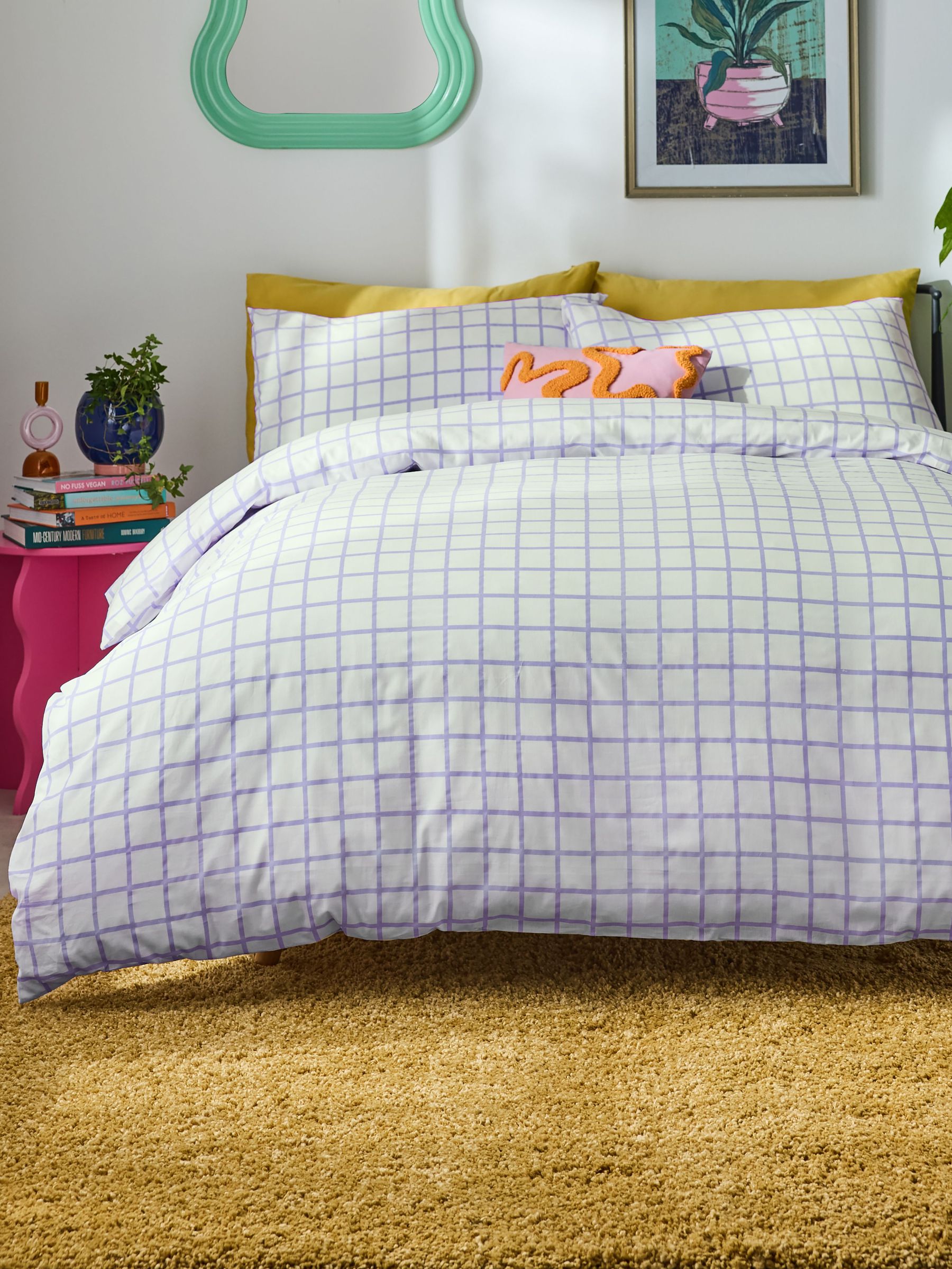 Novogratz Purple Rosalind Check 100% Cotton Duvet Cover and Pillowcase Set (B50588) | £25 - £55