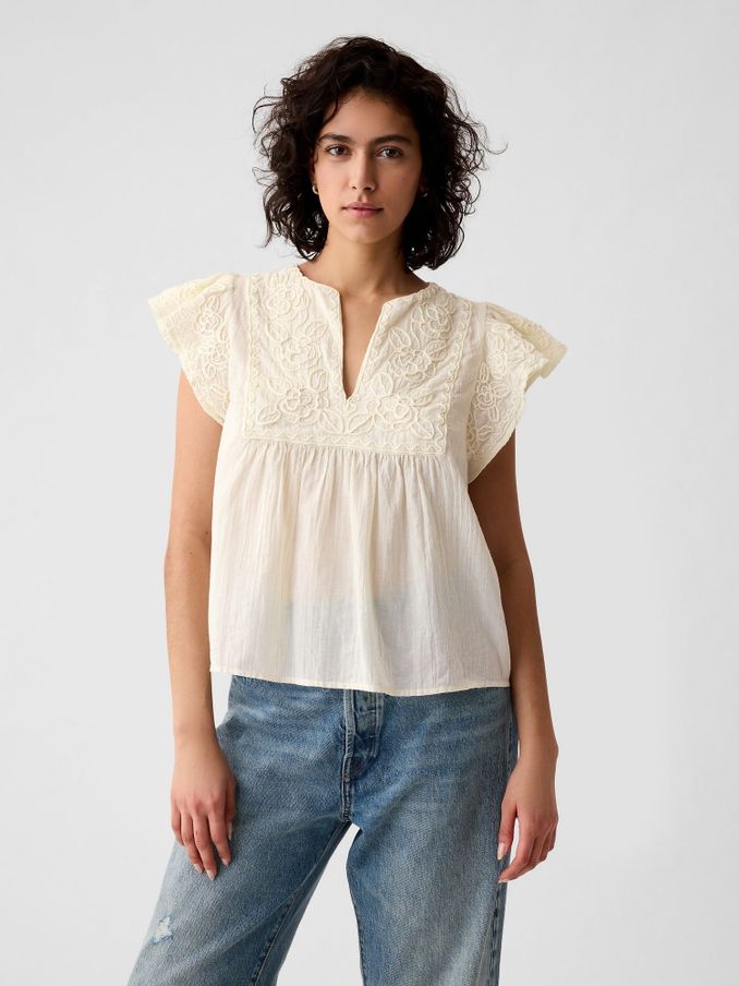 Cream Crinkle Gauze Embroidered Cropped Shirt (B51397) | £17