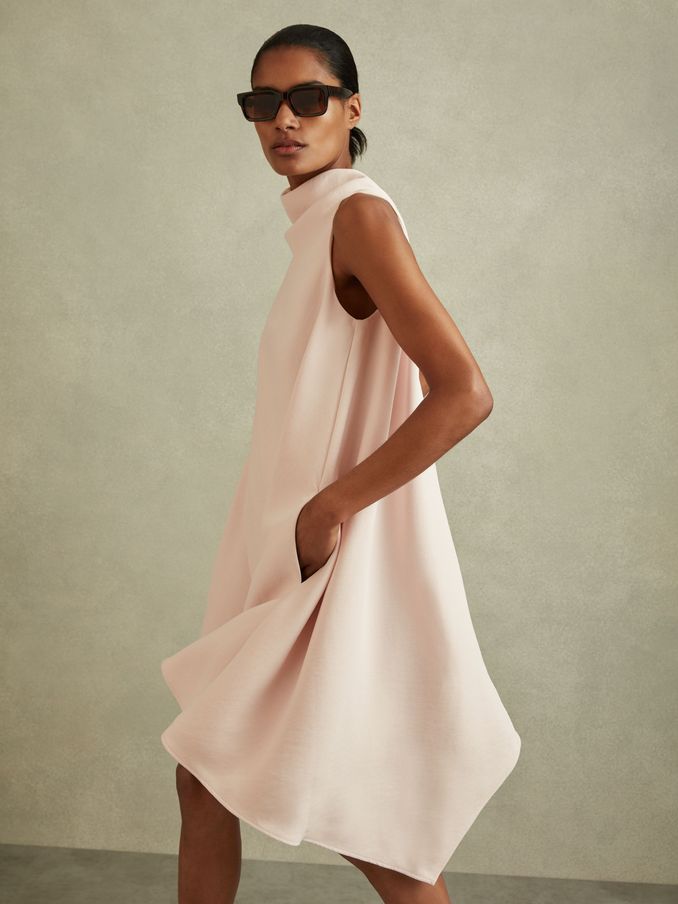 High-Neck Drape Back Mini Dress in Nude (B51523) | £168