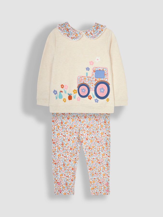 Natural Oatmeal Tractor Appliqué Sweatshirt and Leggings Set (B51624) | £15