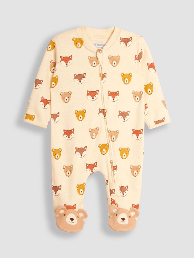 Natural Woodland Print Zip Cotton Baby Sleepsuit (B54862) | £13