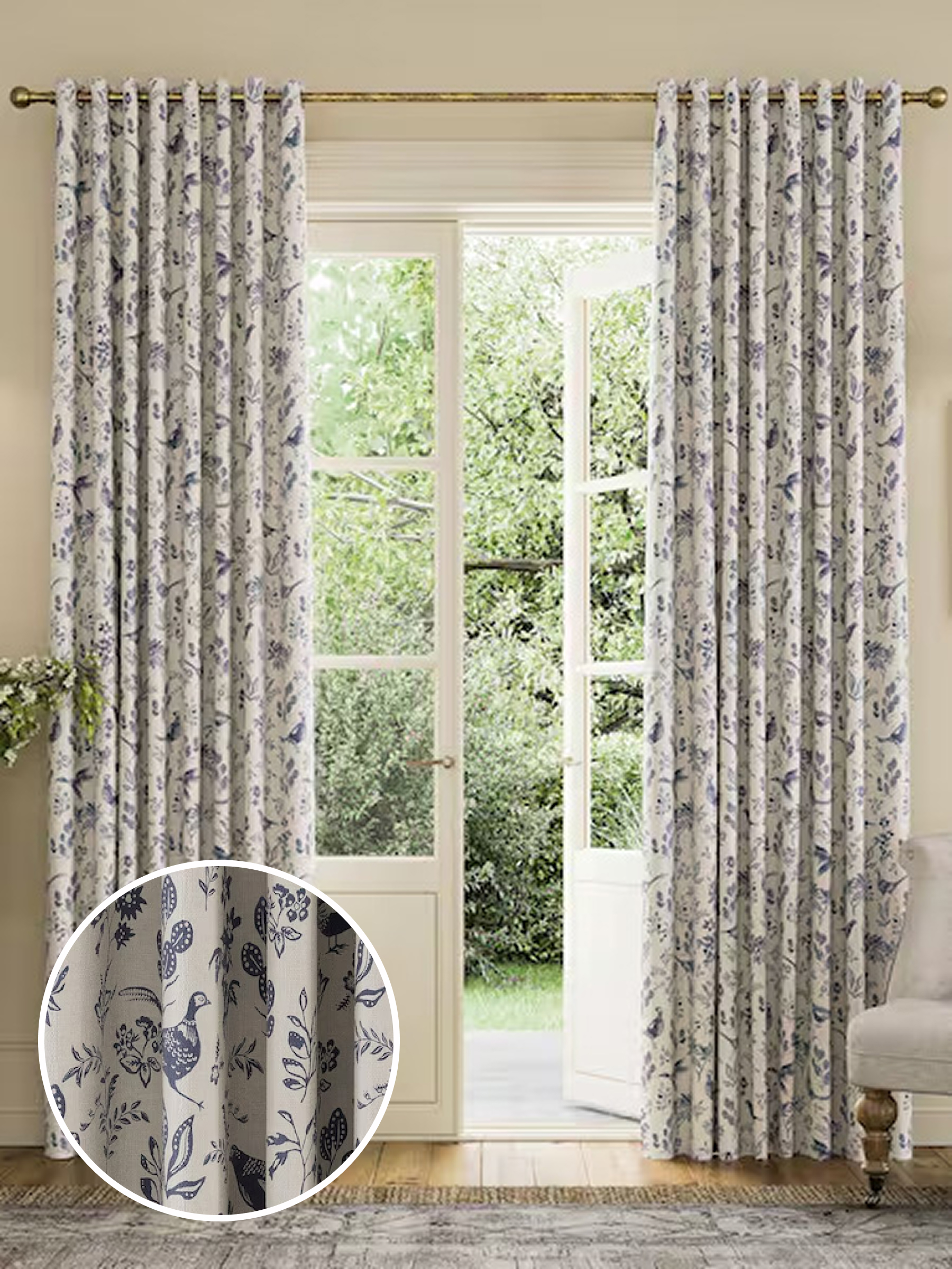 Blue Festival Pheasants Blackout Eyelet Curtains (B55489) | £70 - £130