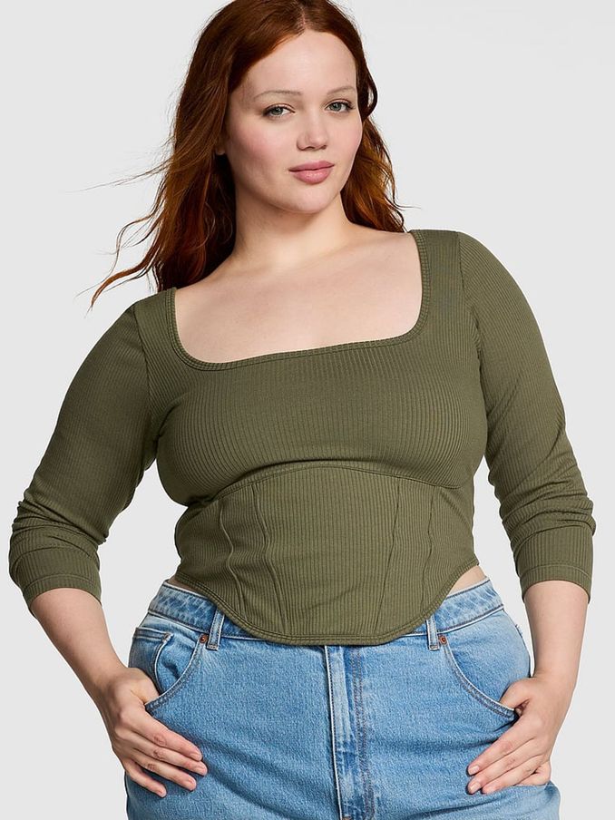 Olive Green Long Sleeve Cotton Corset Top (B55722) | £17