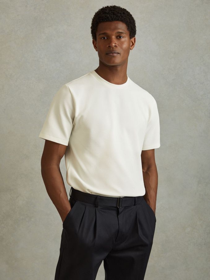 Textured Crew-Neck T-Shirt in Off White (B57799) | £48