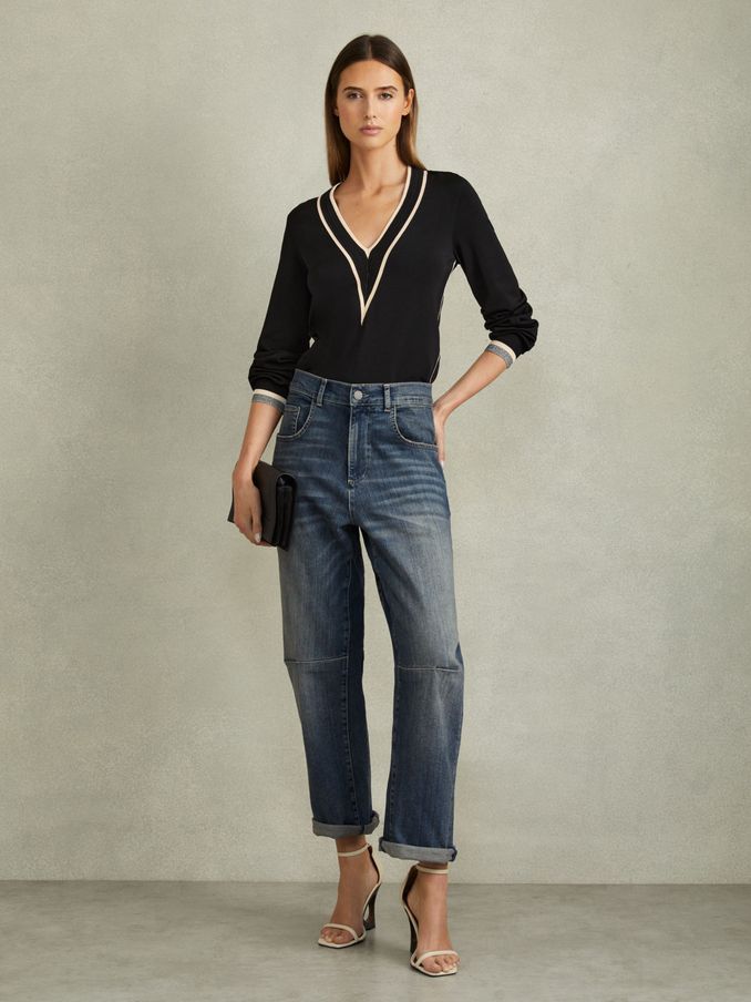 Faith Black/Cream Contrast Trim V-Neck Jumper (B57876) | £68