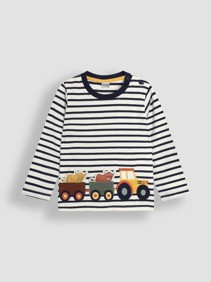 Ecru Navy Stripe Tractor & Highland Cow Applique Top (B58130) | £18