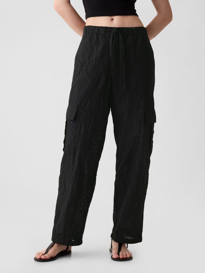 Black Eyelet Cargo Parachute Trousers (B58559) | £16