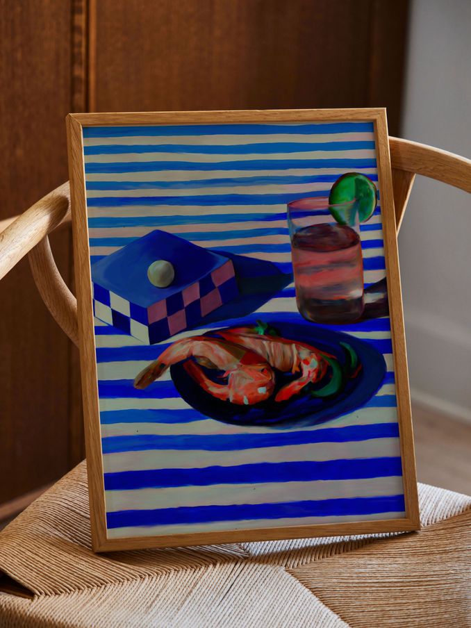 Paper Collective Blue Shrimp & Stripes Framed Wall Art Print in Natural Oak Frame (B59667) | £70 - £110