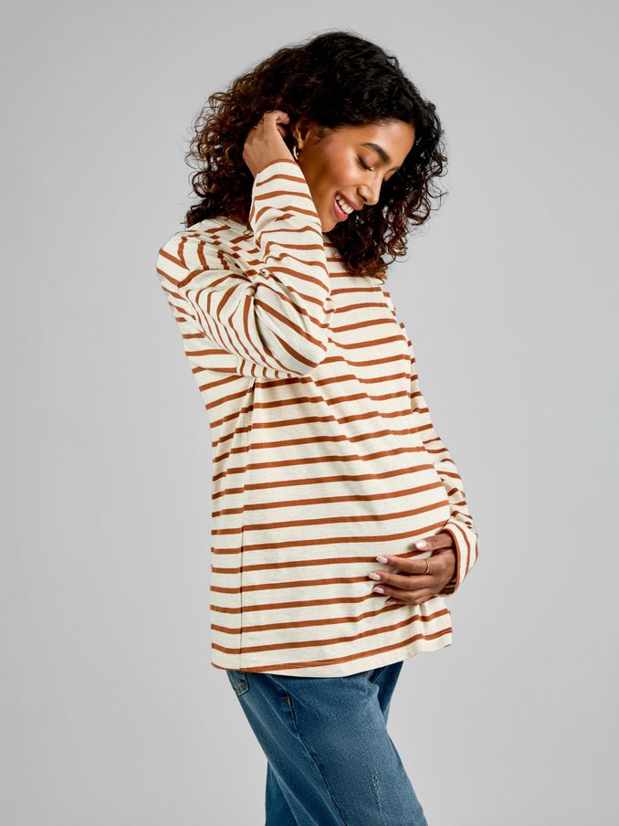 Oatmeal & Toffee Stripe Long Sleeve Boyfriend Maternity T-Shirt (B60418) | £19.50