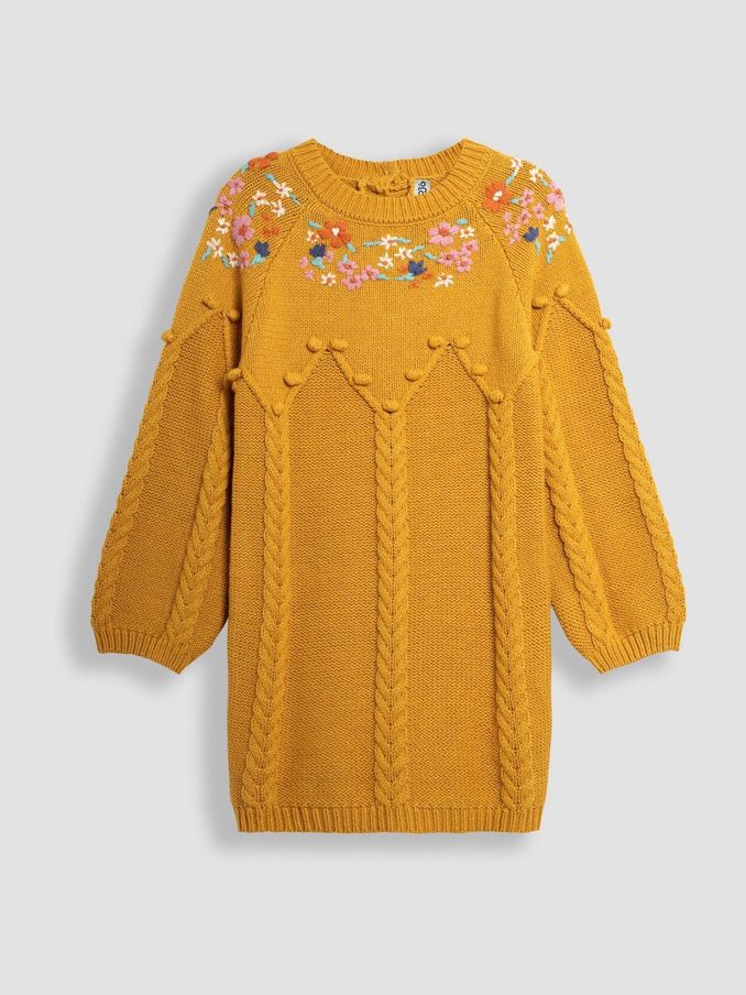 Mustard Floral Embroidered Cable Knitted Dress (B61296) | £13