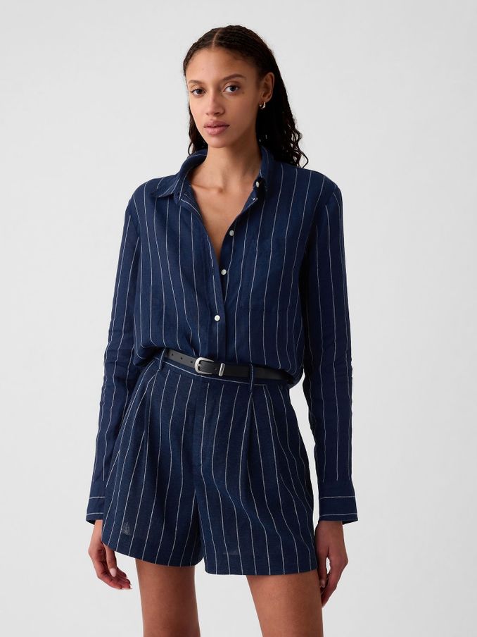 Navy Blue Pinstripe 100% Linen Long Sleeve Oversized Shirt (B63583) | £20