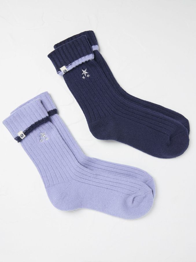 Blue 2 Pairs of Star Embroidered Cosy Socks (B64462) | £8