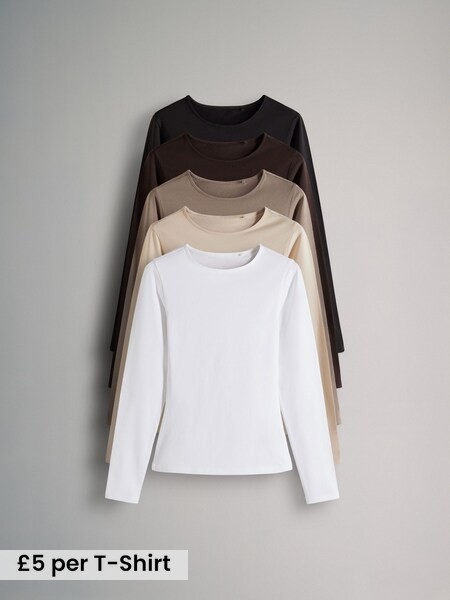 Black/Brown/Nude/White - 5 Pack Long Sleeve Crew Neck T-Shirts (B64879) | £25