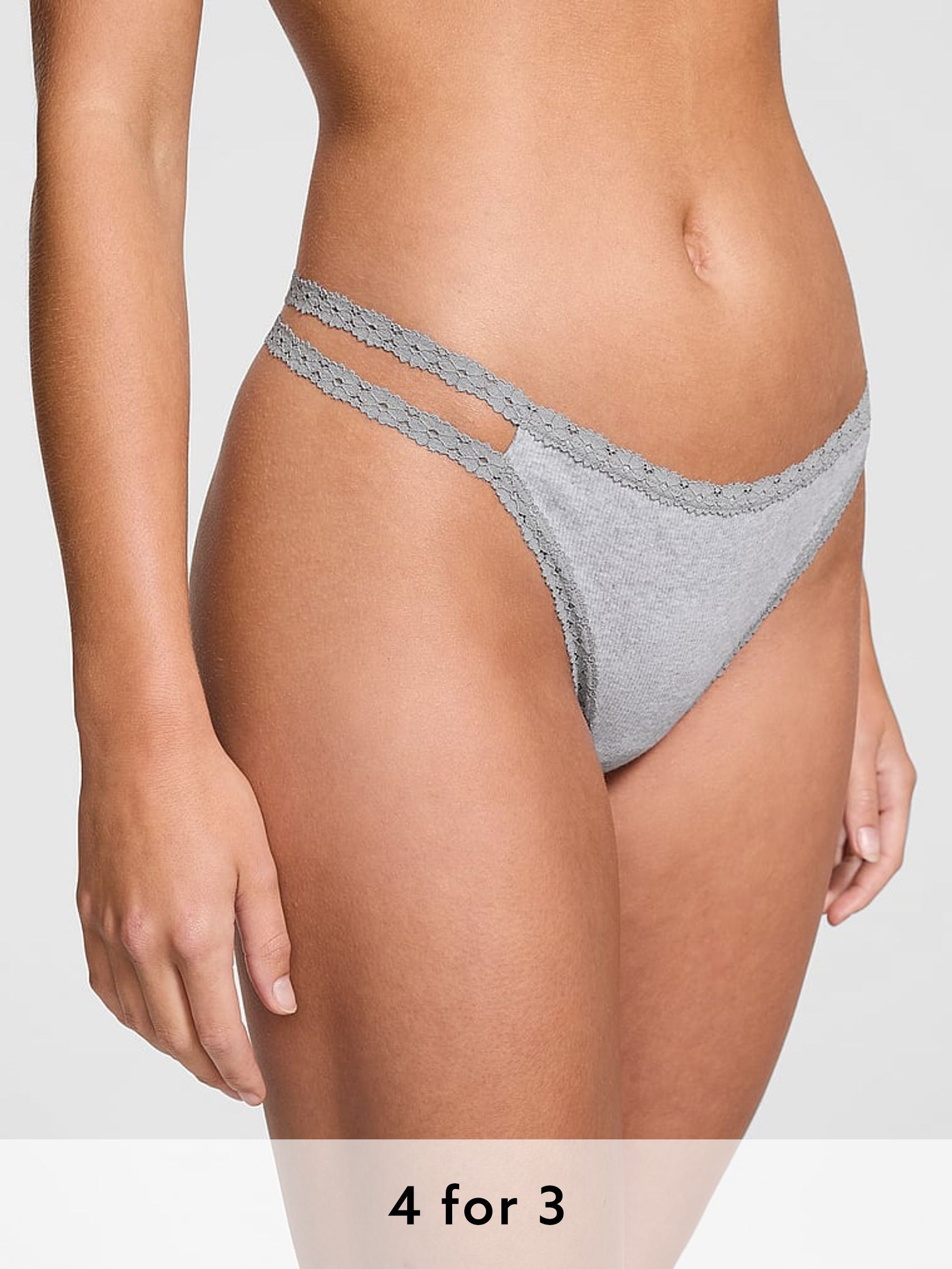 Medium Heather Grey Lace Trim Rib Strappy Thong Knickers (B65029) | £9