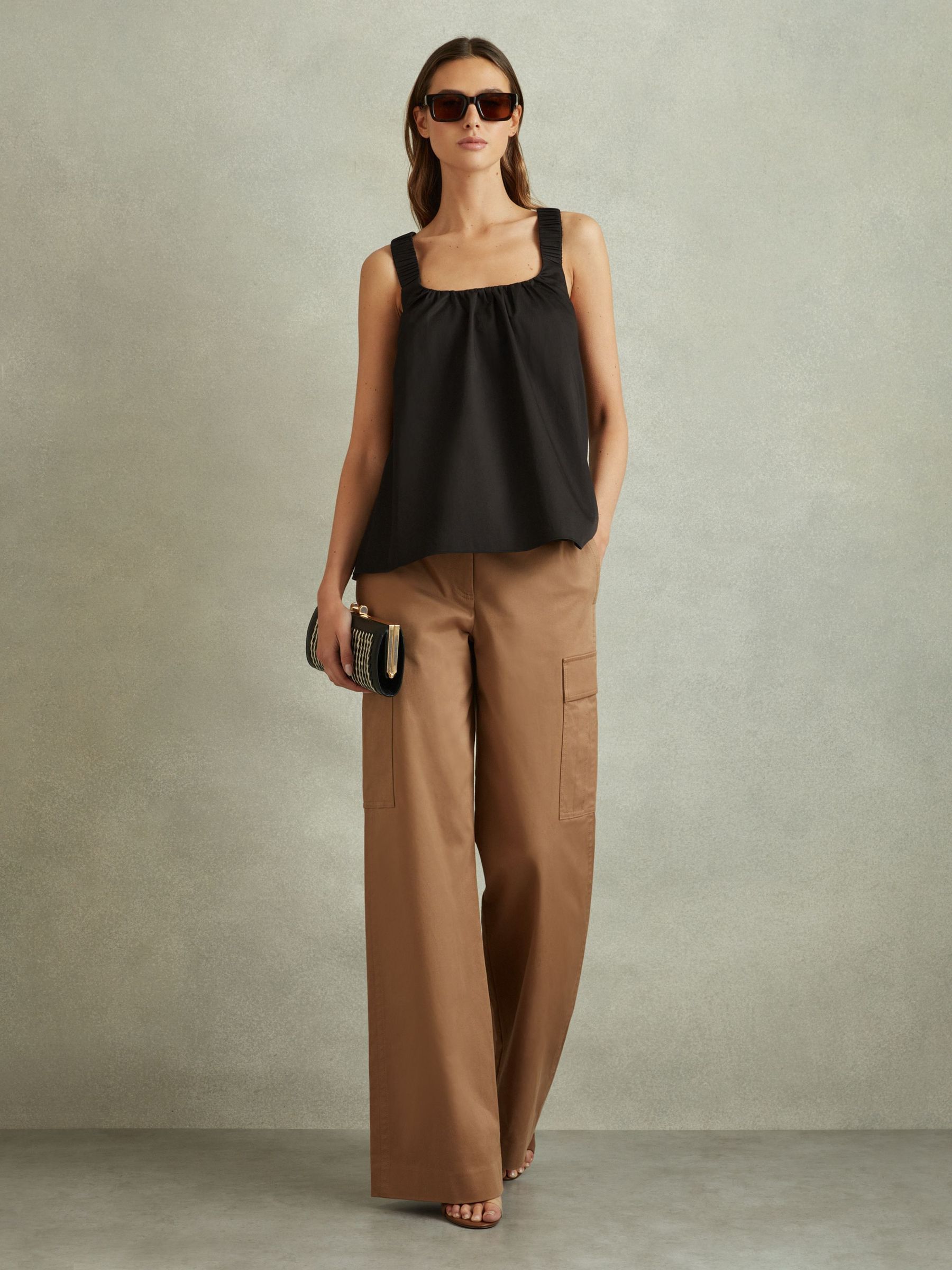 Cotton Ruched Strap Top in Black (B65096) | £26