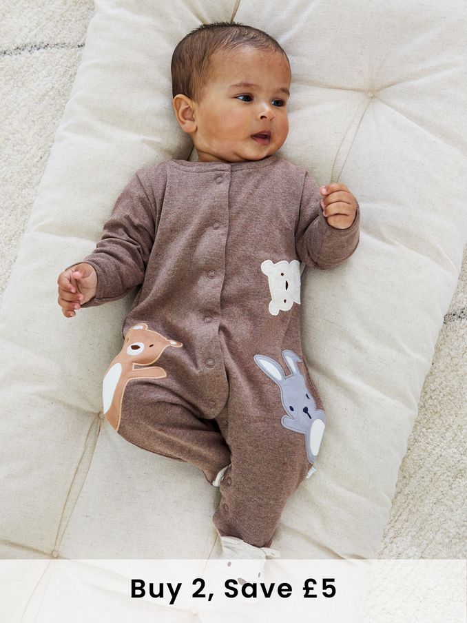 Brown Cotton Woodland Friends Appliqué Sleepsuit (B65199) | £21