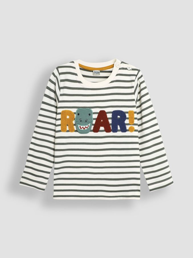 Khaki Ecru Stripe Roar Appliqué Top (B65361) | £9
