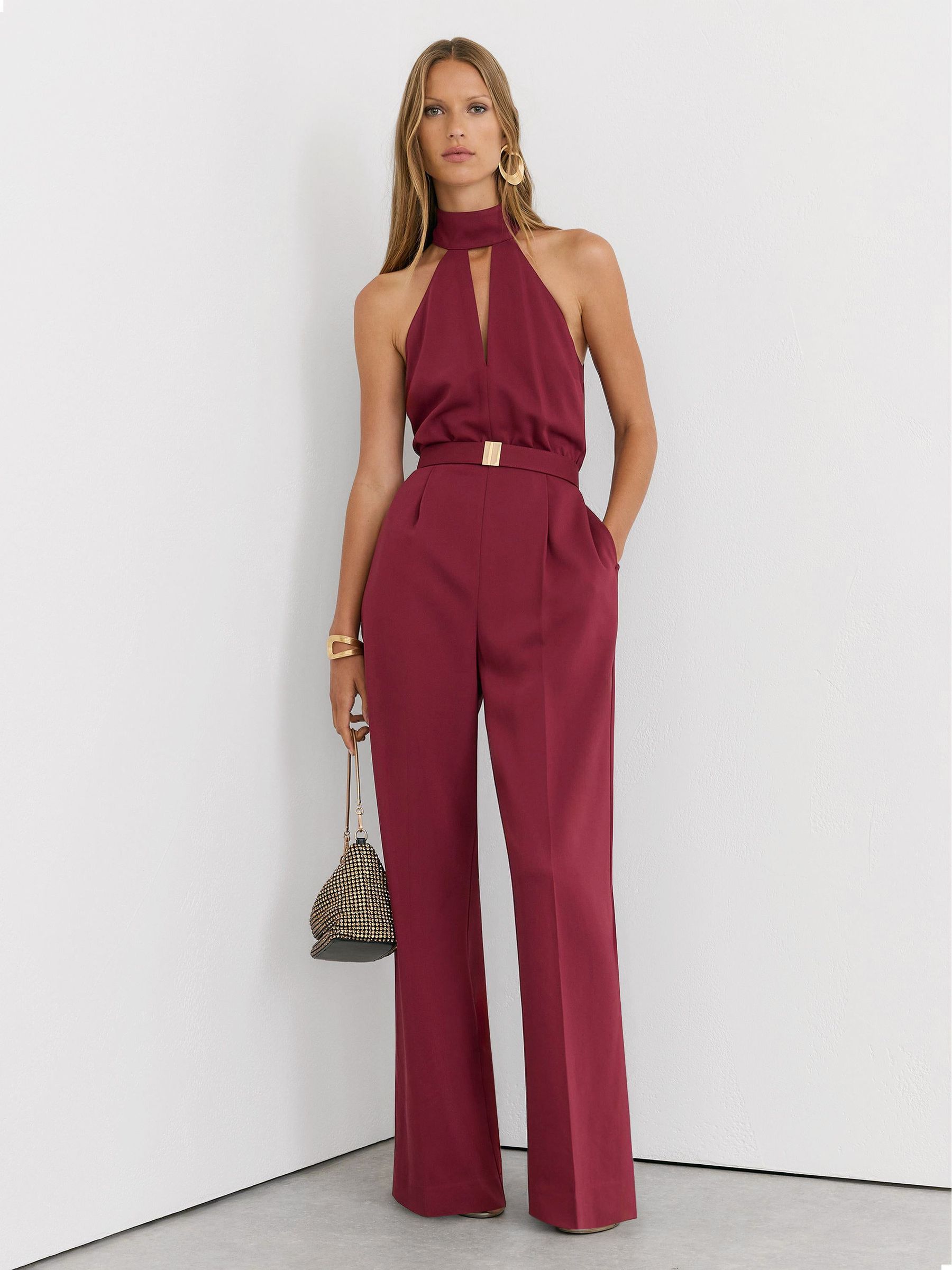 Red - Halterneck Belted Wide-leg Jumpsuit